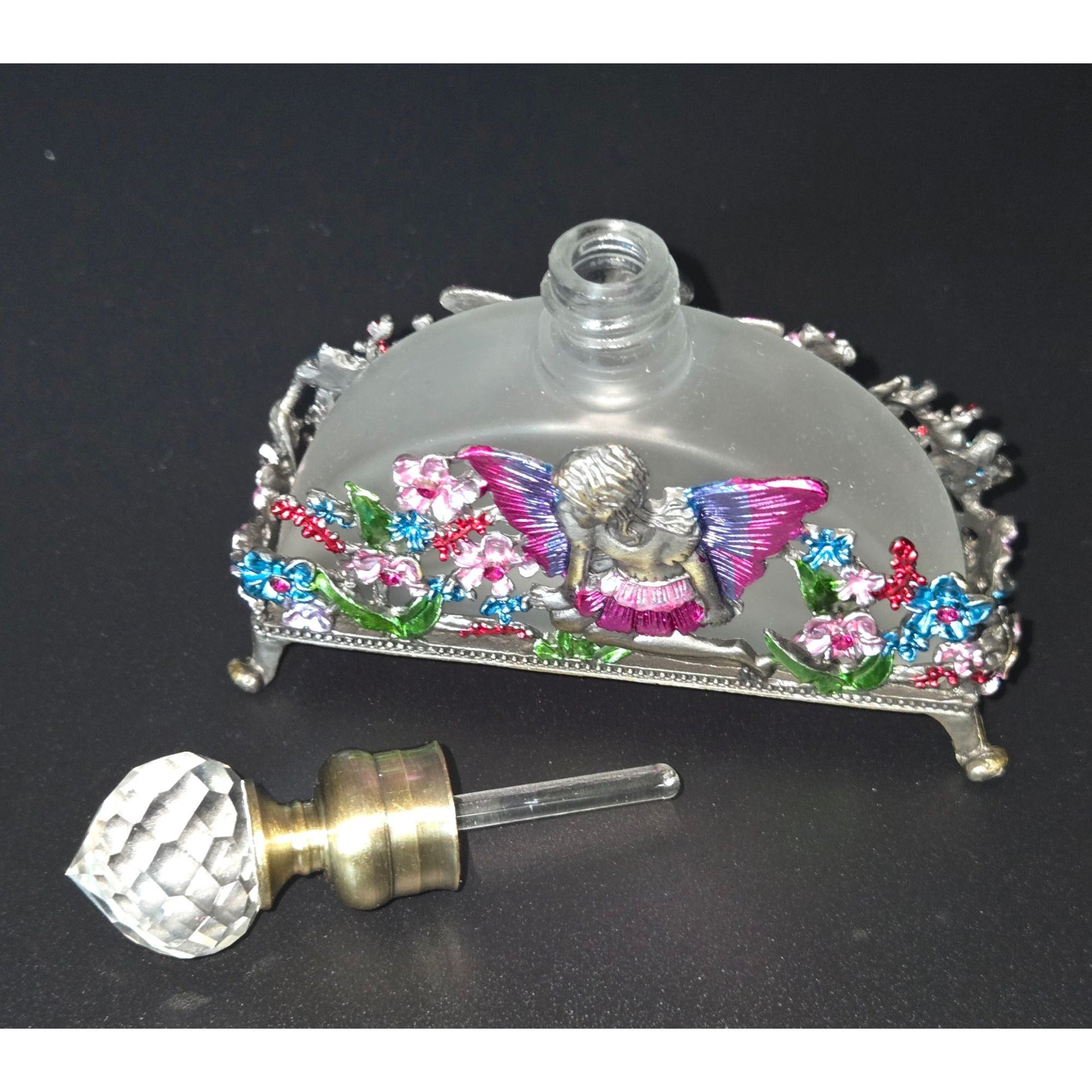 Frosted Glass Perfume Bottle Fairy & Floral Brass Ormolu Accents Crystal