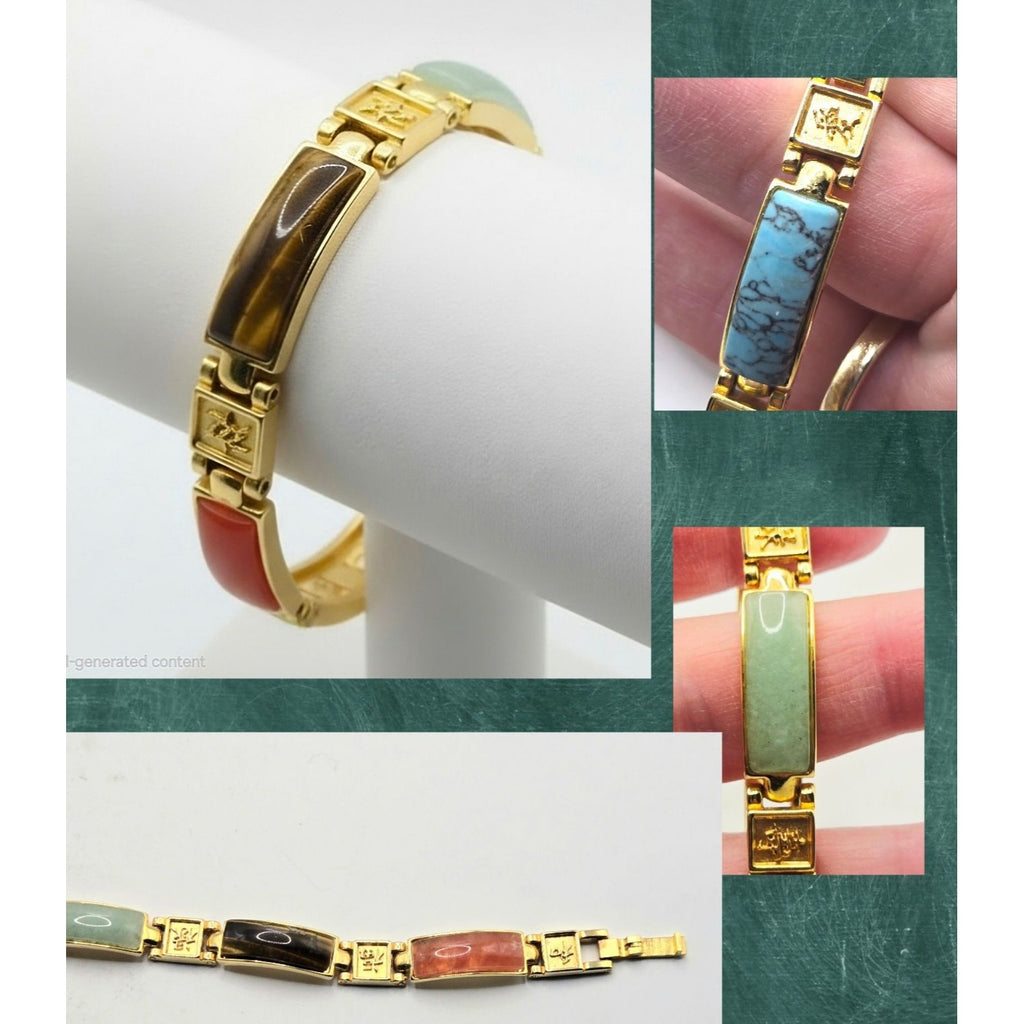 Vintage Gold-Tone Multi-Stone Link Bracelet With Faux Turquoise Jade Tiger Eye