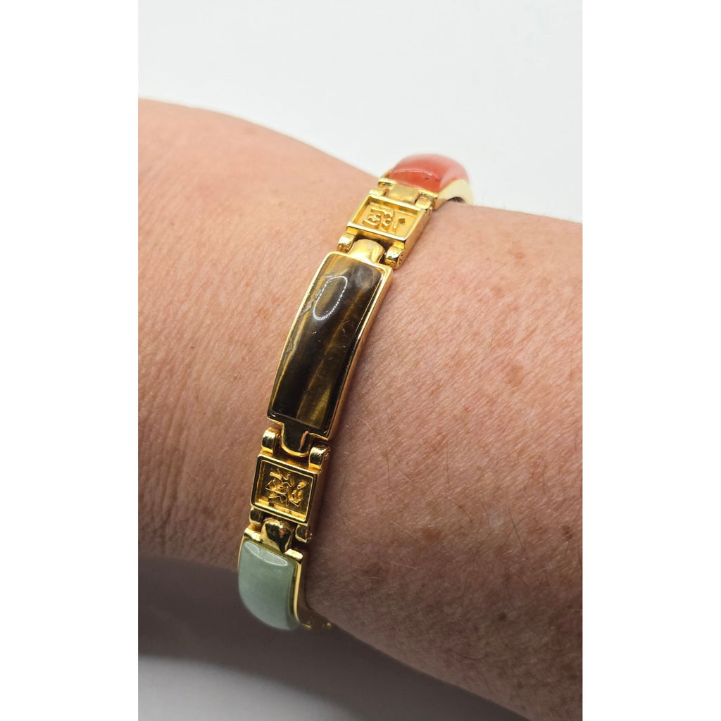 Vintage Gold-Tone Multi-Stone Link Bracelet With Faux Turquoise Jade Tiger Eye