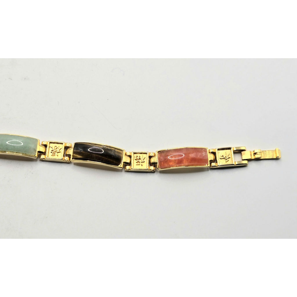 Vintage Gold-Tone Multi-Stone Link Bracelet With Faux Turquoise Jade Tiger Eye