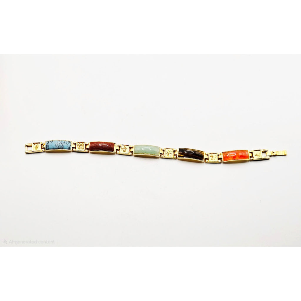 Vintage Gold-Tone Multi-Stone Link Bracelet With Faux Turquoise Jade Tiger Eye
