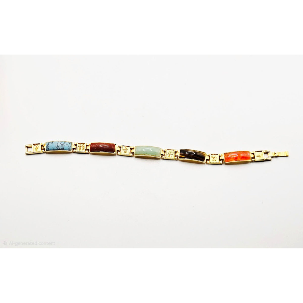 Vintage Gold-Tone Multi-Stone Link Bracelet With Faux Turquoise Jade Tiger Eye