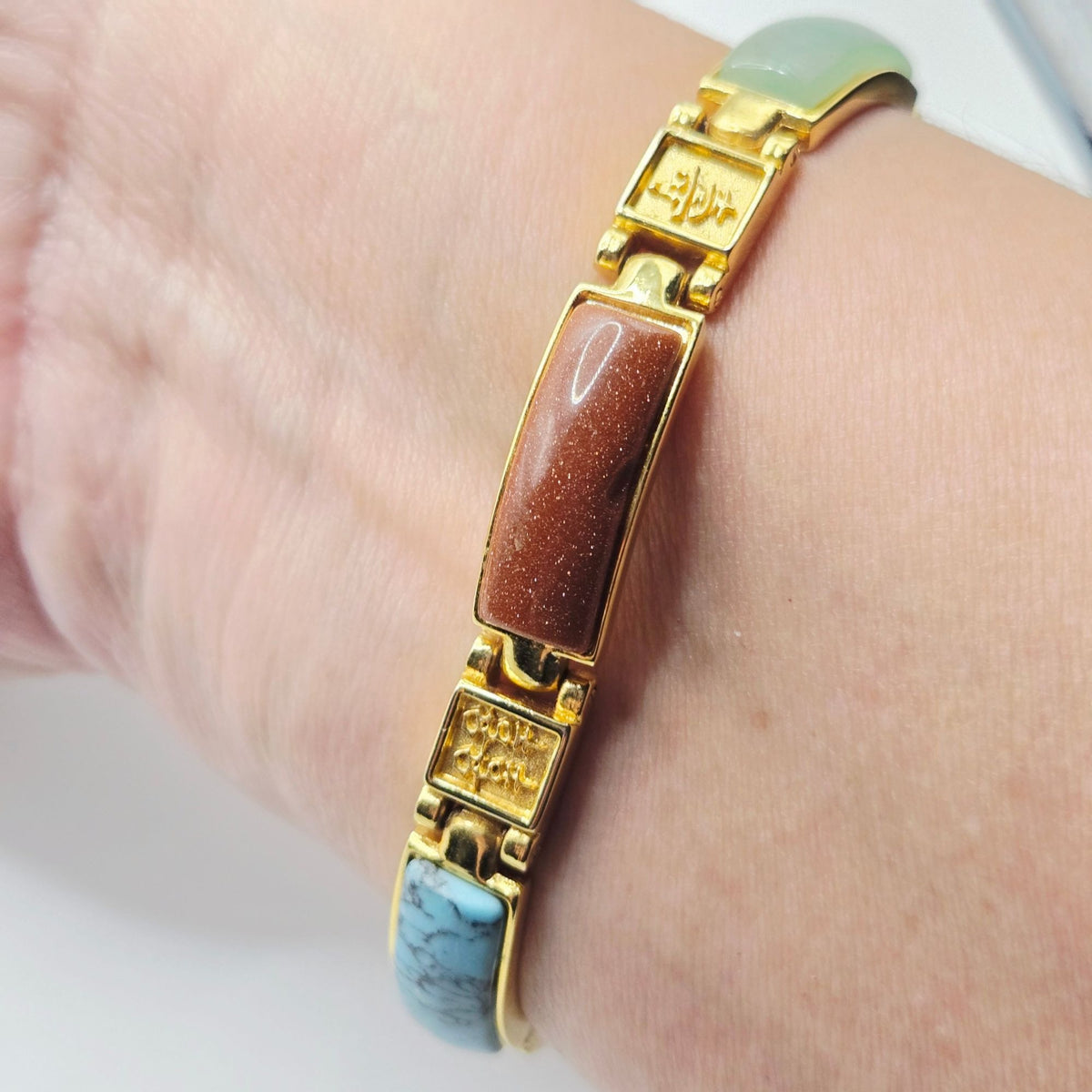 Vintage Gold-Tone Multi-Stone Link Bracelet With Faux Turquoise Jade Tiger Eye