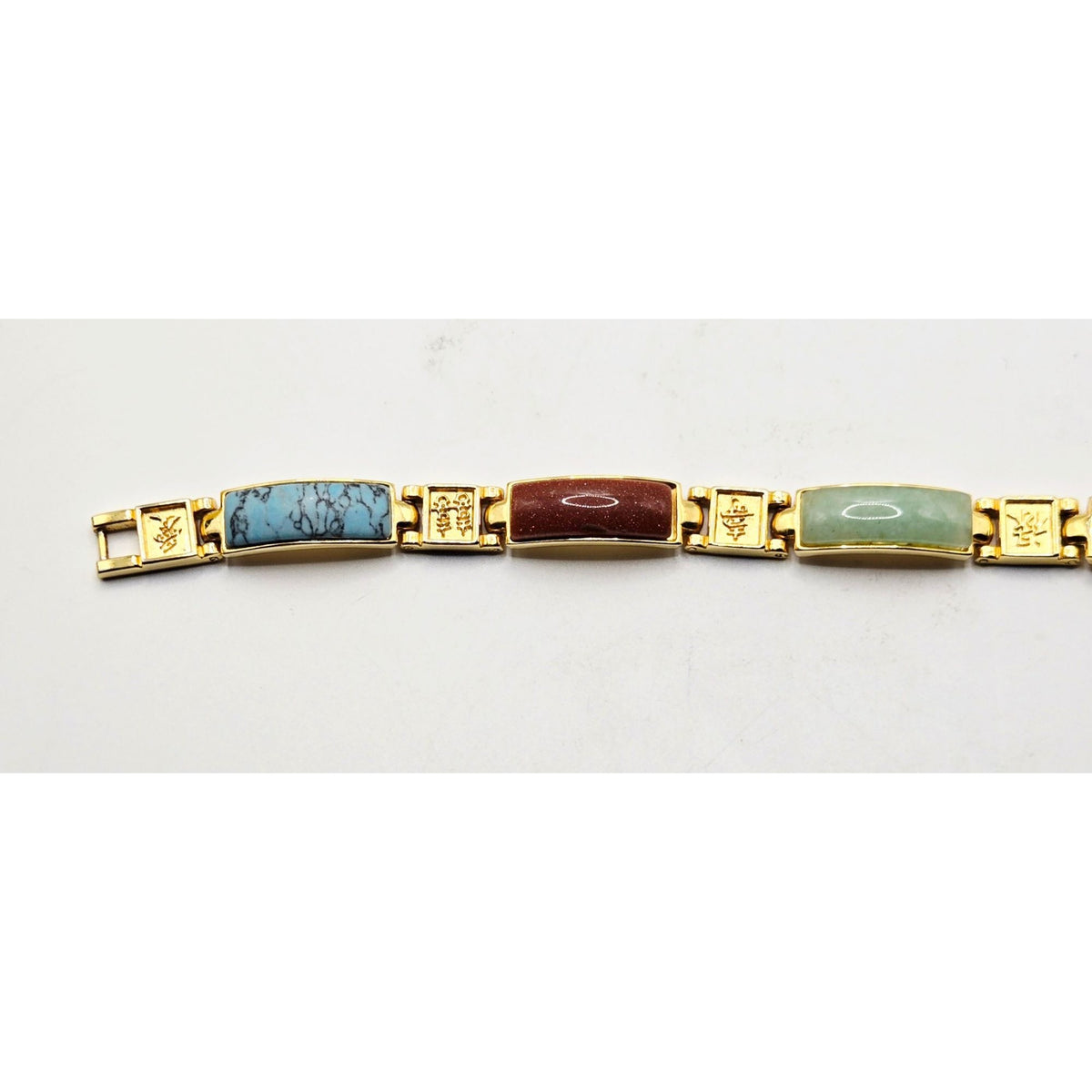 Vintage Gold-Tone Multi-Stone Link Bracelet With Faux Turquoise Jade Tiger Eye
