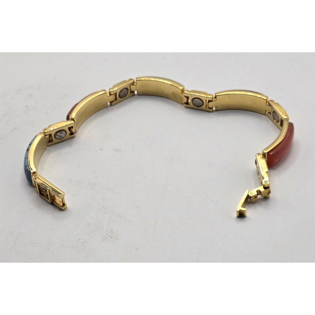 Vintage Gold-Tone Multi-Stone Link Bracelet With Faux Turquoise Jade Tiger Eye