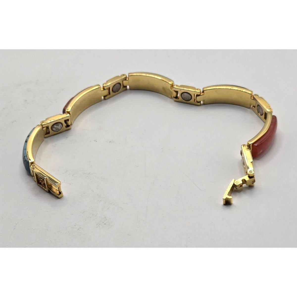 Vintage Gold-Tone Multi-Stone Link Bracelet With Faux Turquoise Jade Tiger Eye