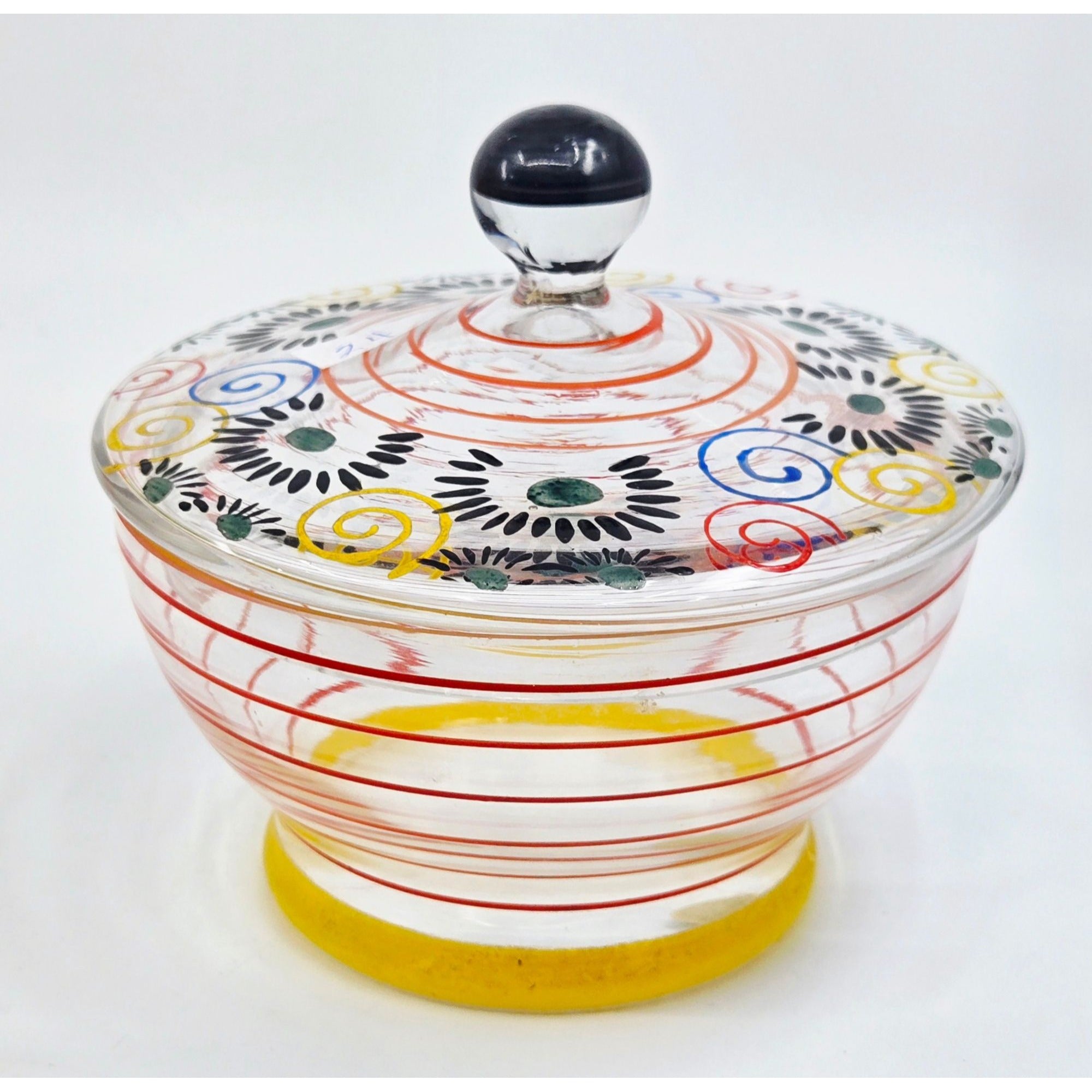 Whimsical Colorful Art Deco Czech Glass Candy Dish, w/ Handpainted Florals, Stripes, Bohemian