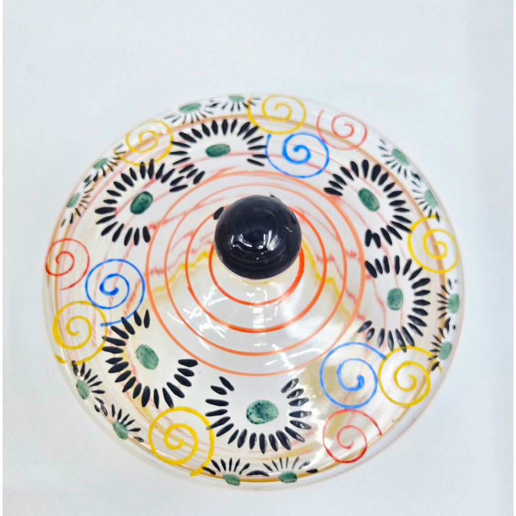 Whimsical Colorful Art Deco Czech Glass Candy Dish, w/ Handpainted Florals, Stripes, Bohemian