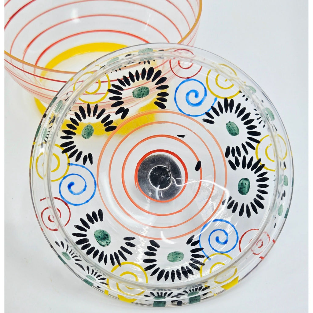 Whimsical Colorful Art Deco Czech Glass Candy Dish, w/ Handpainted Florals, Stripes, Bohemian