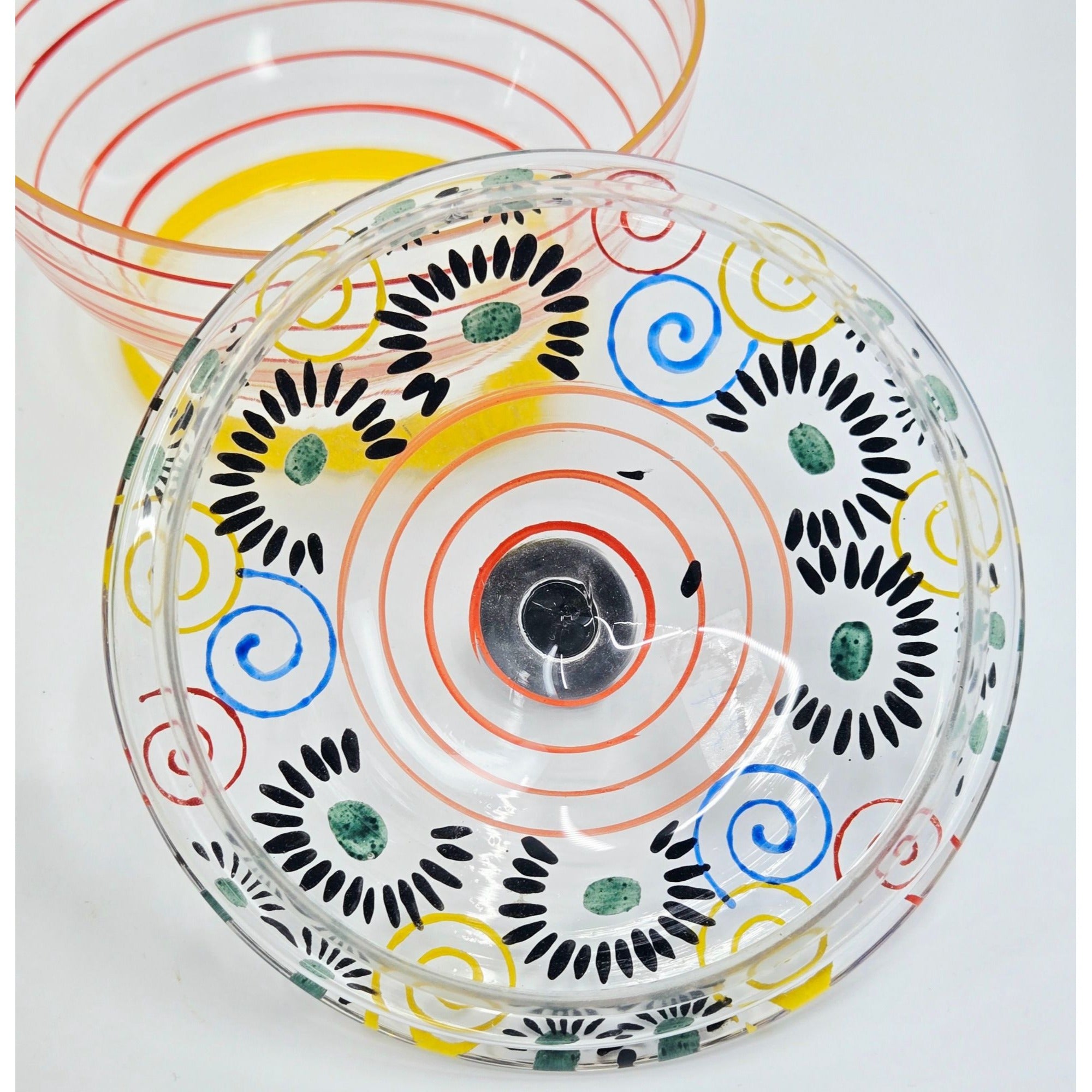 Whimsical Colorful Art Deco Czech Glass Candy Dish, w/ Handpainted Florals, Stripes, Bohemian