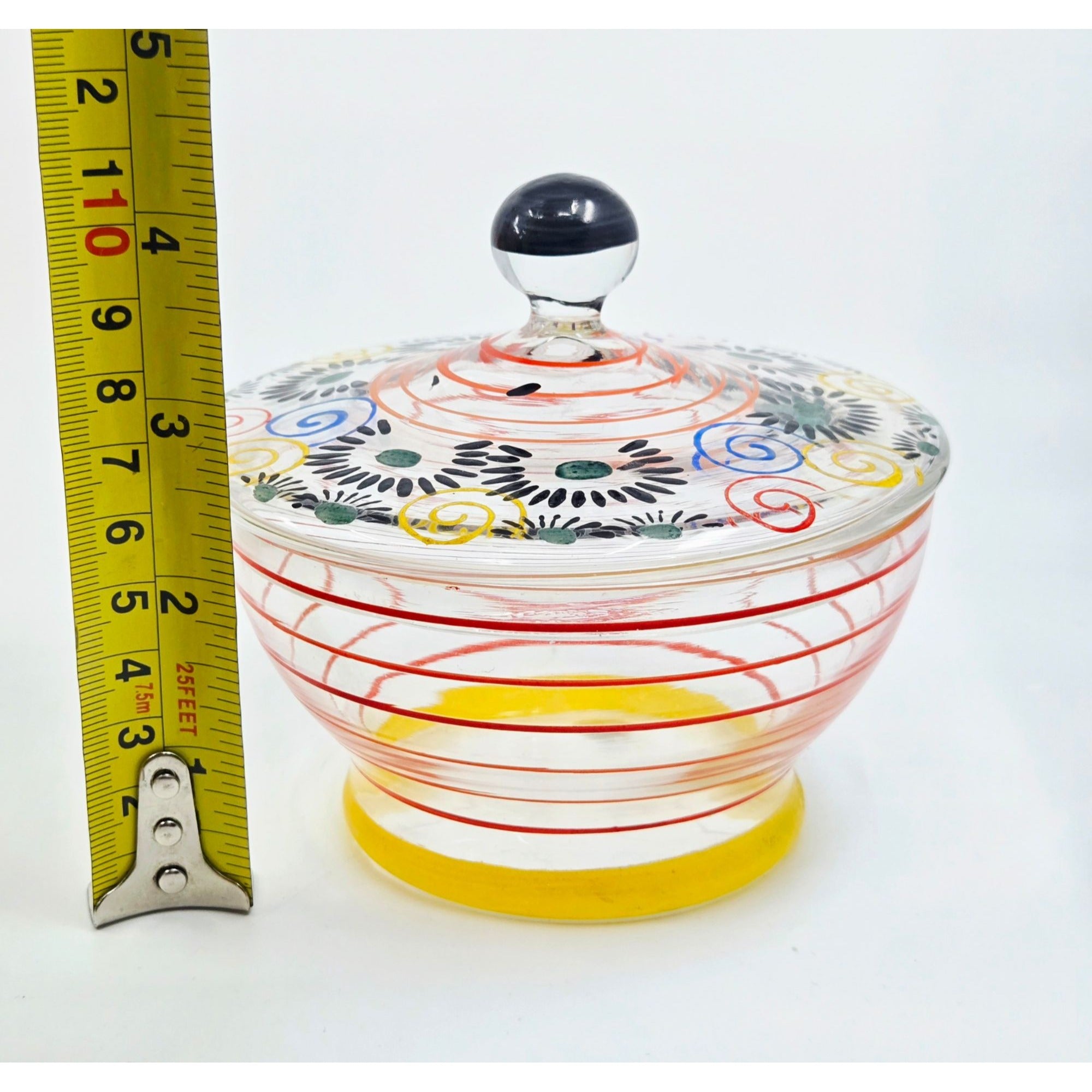 Whimsical Colorful Art Deco Czech Glass Candy Dish, w/ Handpainted Florals, Stripes, Bohemian