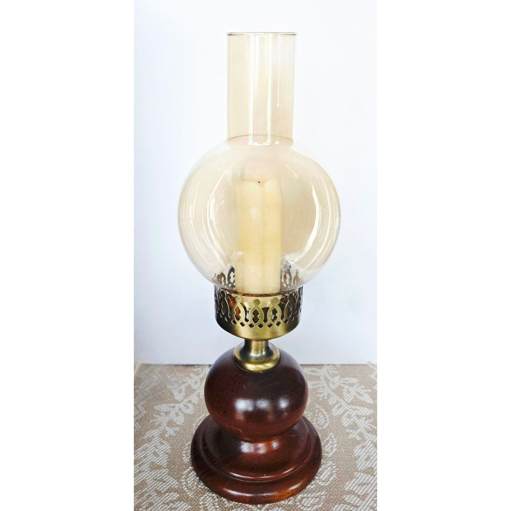 Vintage Hurricane Lamp, Glass Chimney Brass and Wood- Rustic Candle Holder