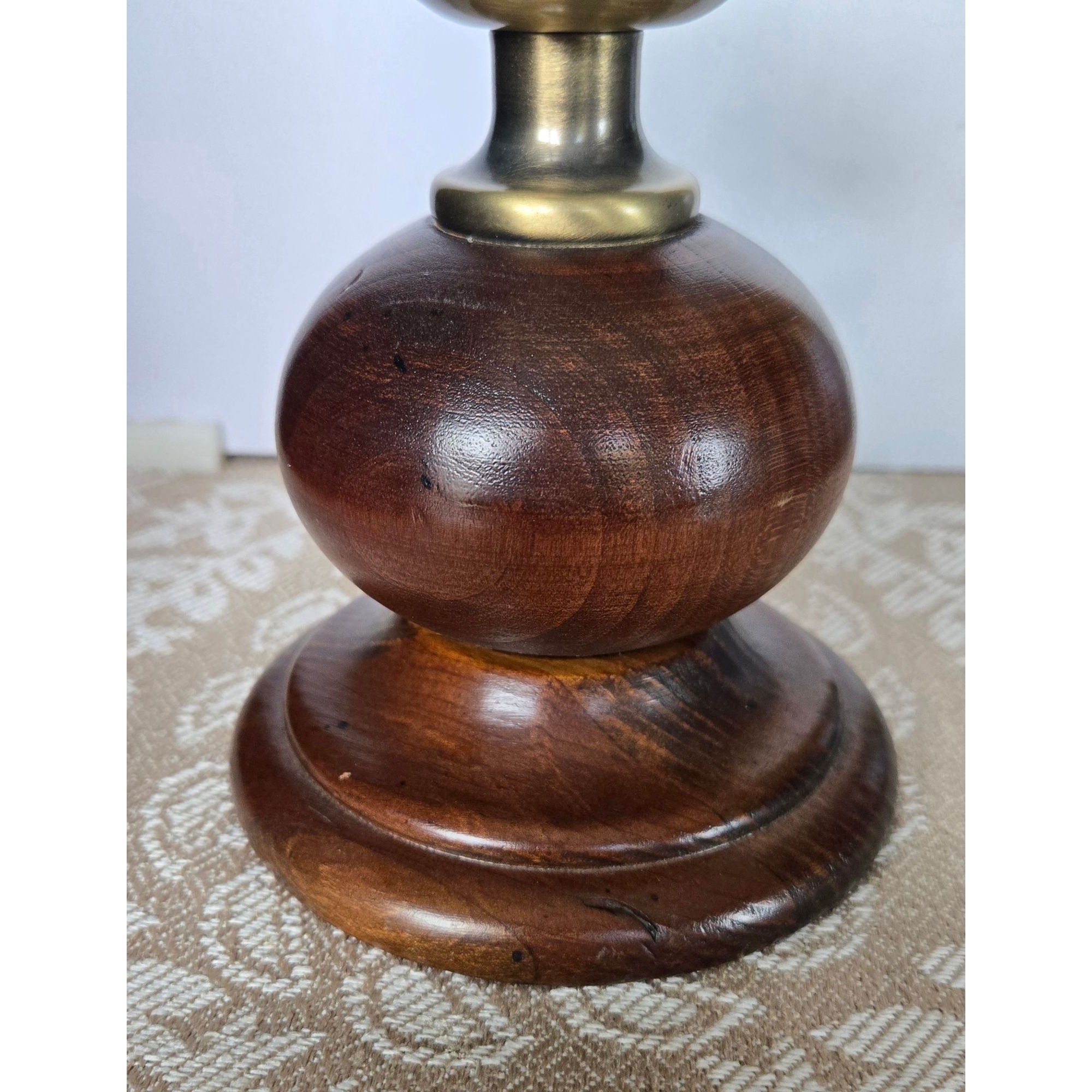 Vintage Hurricane Lamp, Glass Chimney Brass and Wood- Rustic Candle Holder