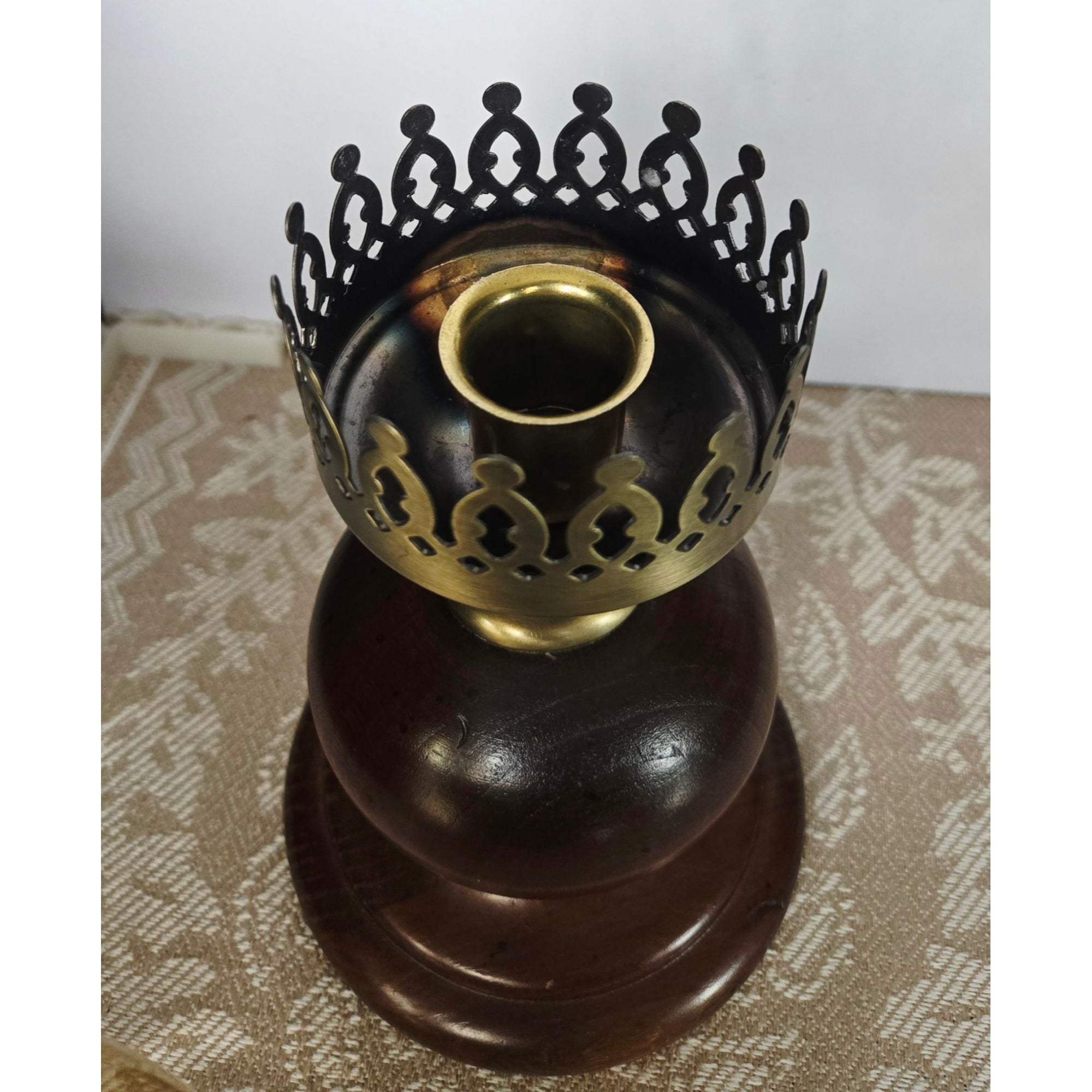 Vintage Hurricane Lamp, Glass Chimney Brass and Wood- Rustic Candle Holder