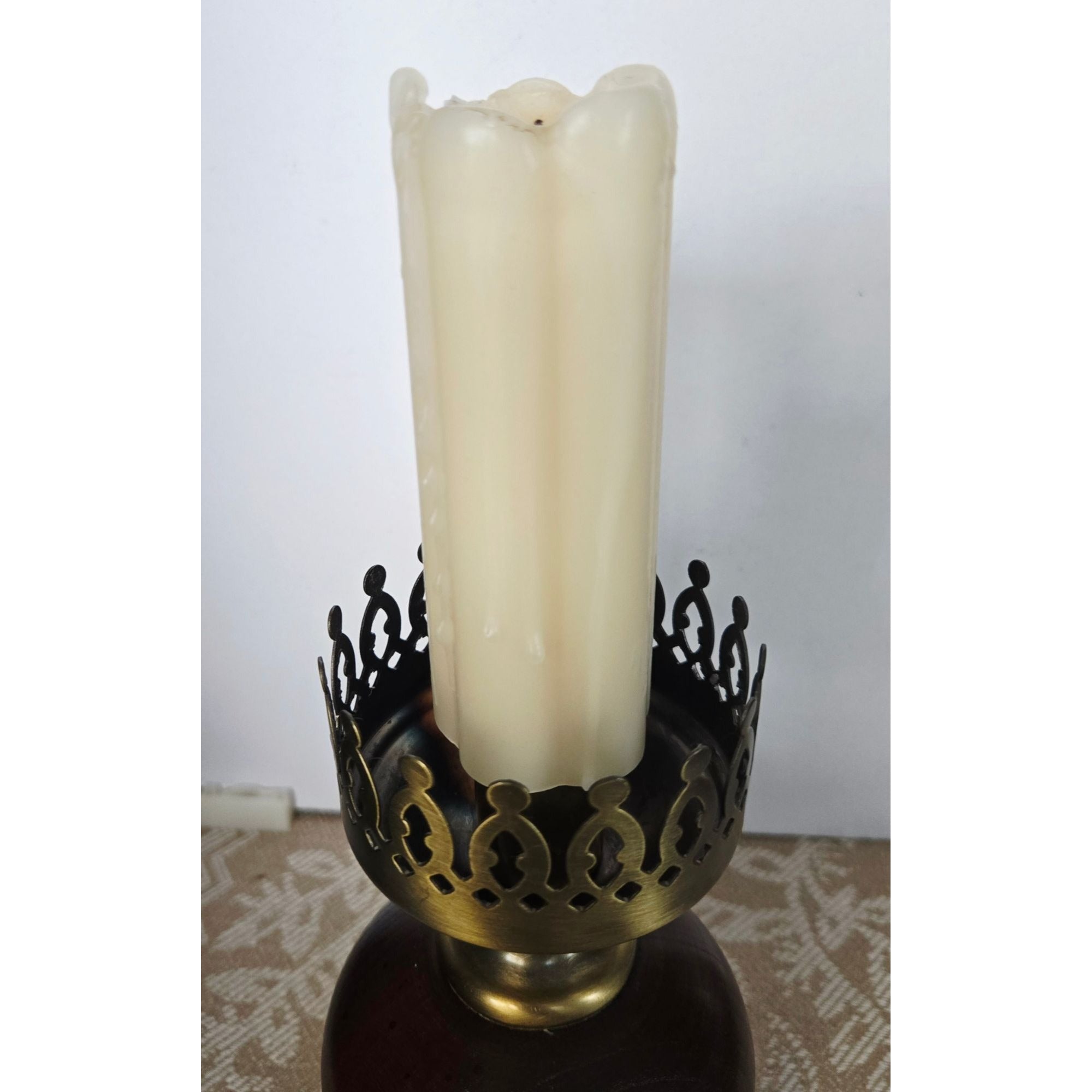 Vintage Hurricane Lamp, Glass Chimney Brass and Wood- Rustic Candle Holder