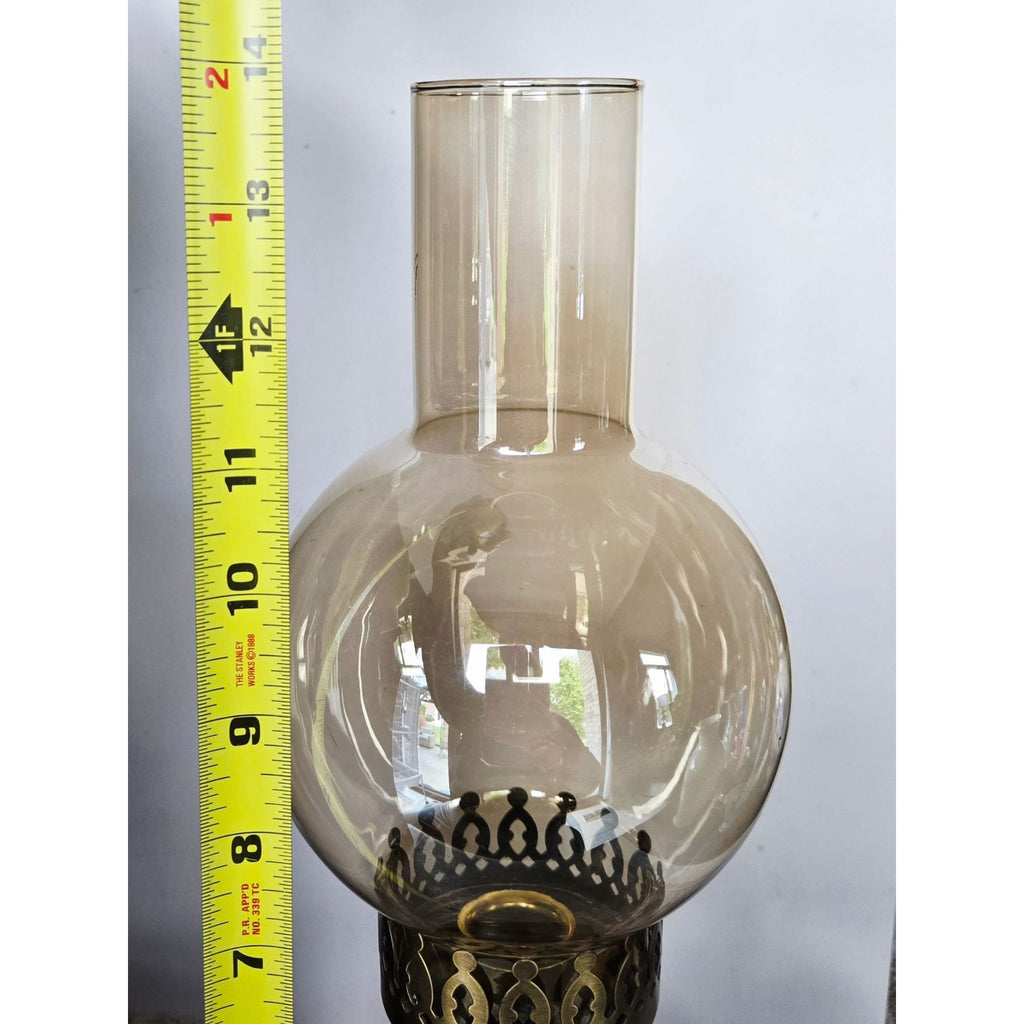 Vintage Hurricane Lamp, Glass Chimney Brass and Wood- Rustic Candle Holder