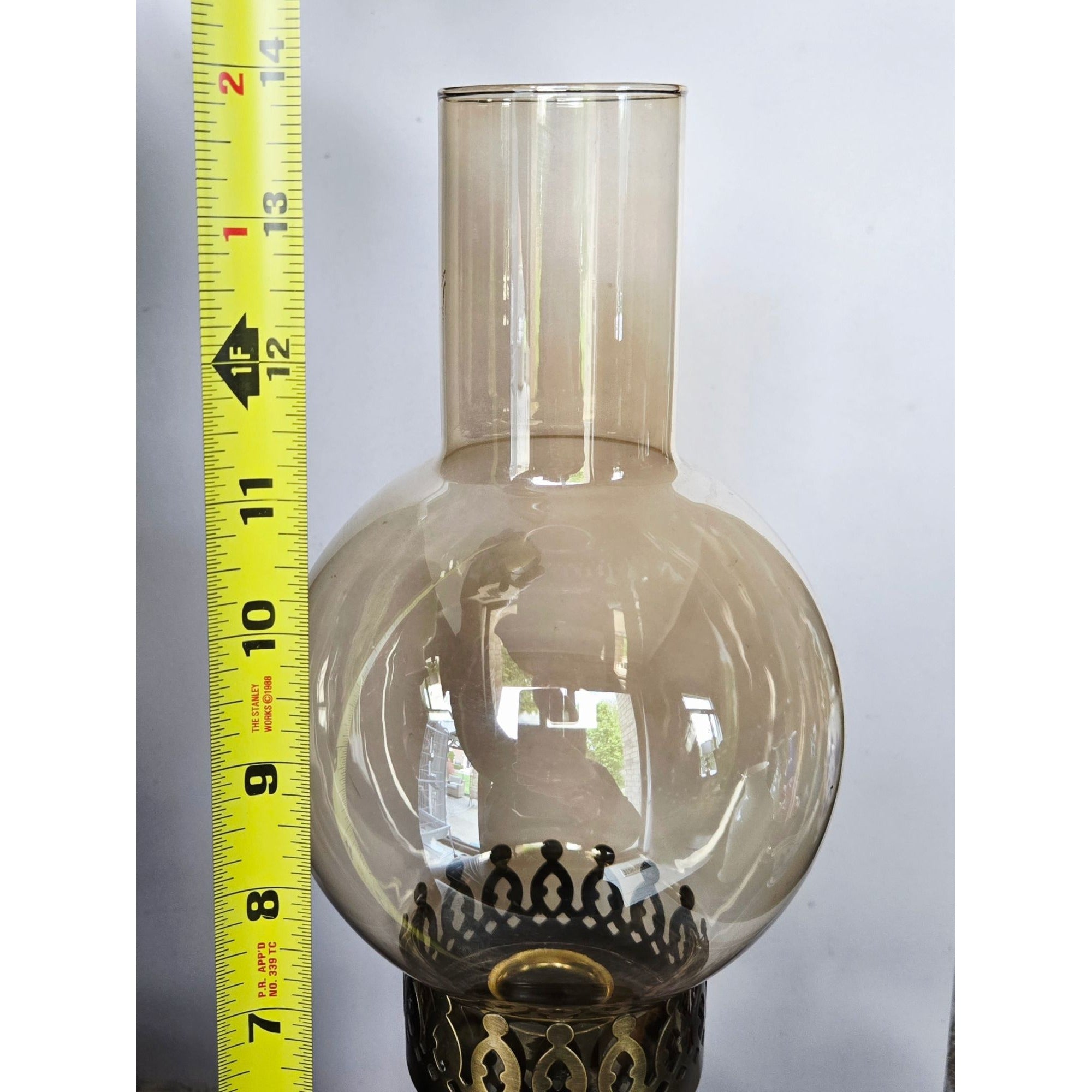 Vintage Hurricane Lamp, Glass Chimney Brass and Wood- Rustic Candle Holder