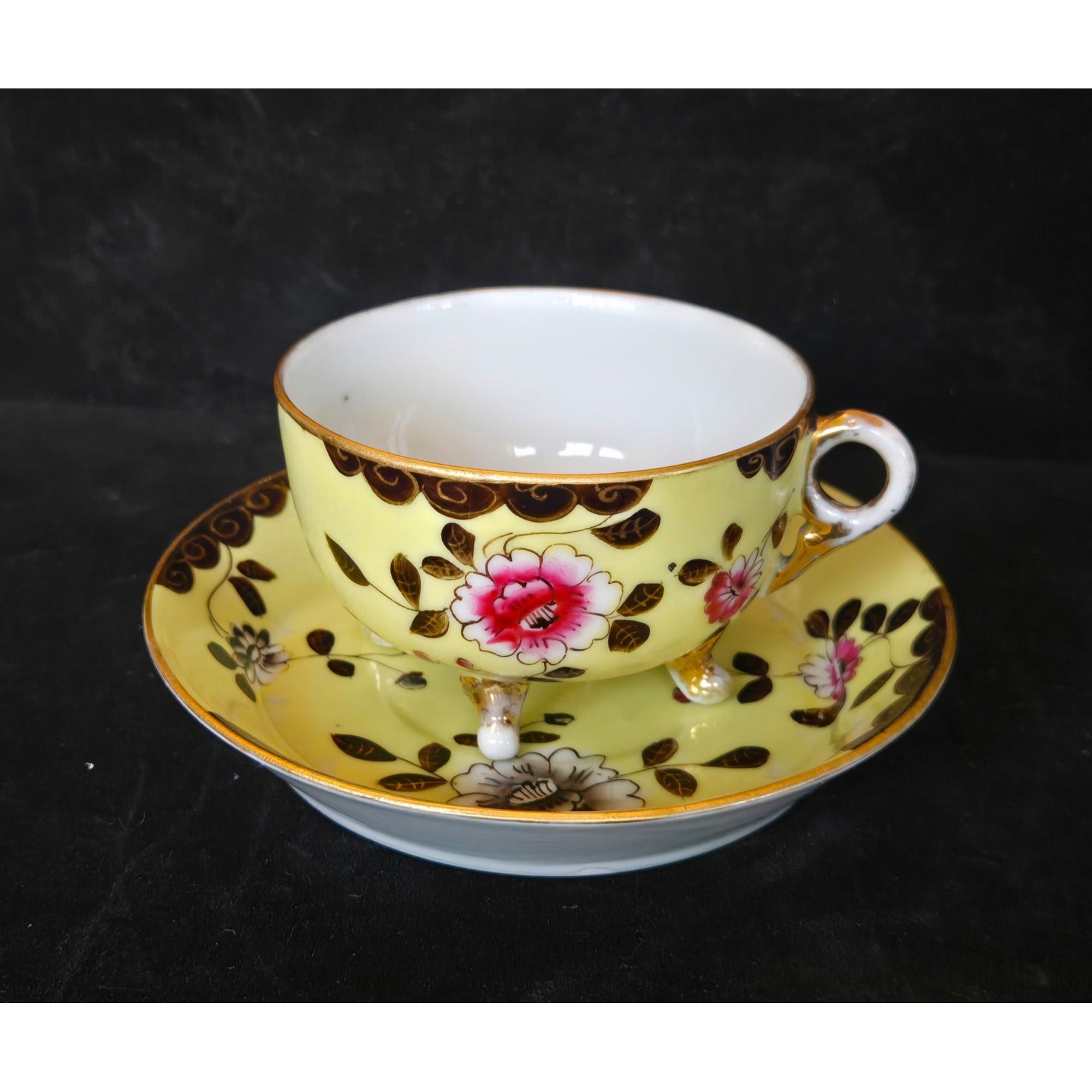 Antique Altrohau Czech Chinoiserie Floral Footed Teacup & Saucer Hand Painted