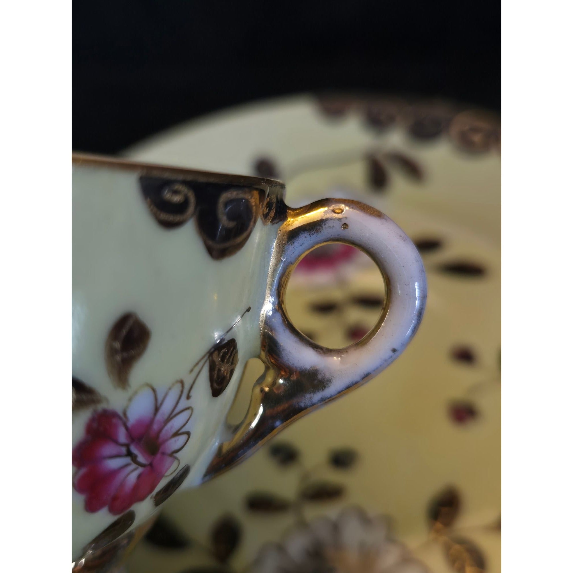 Antique Altrohau Czech Chinoiserie Floral Footed Teacup & Saucer Hand Painted
