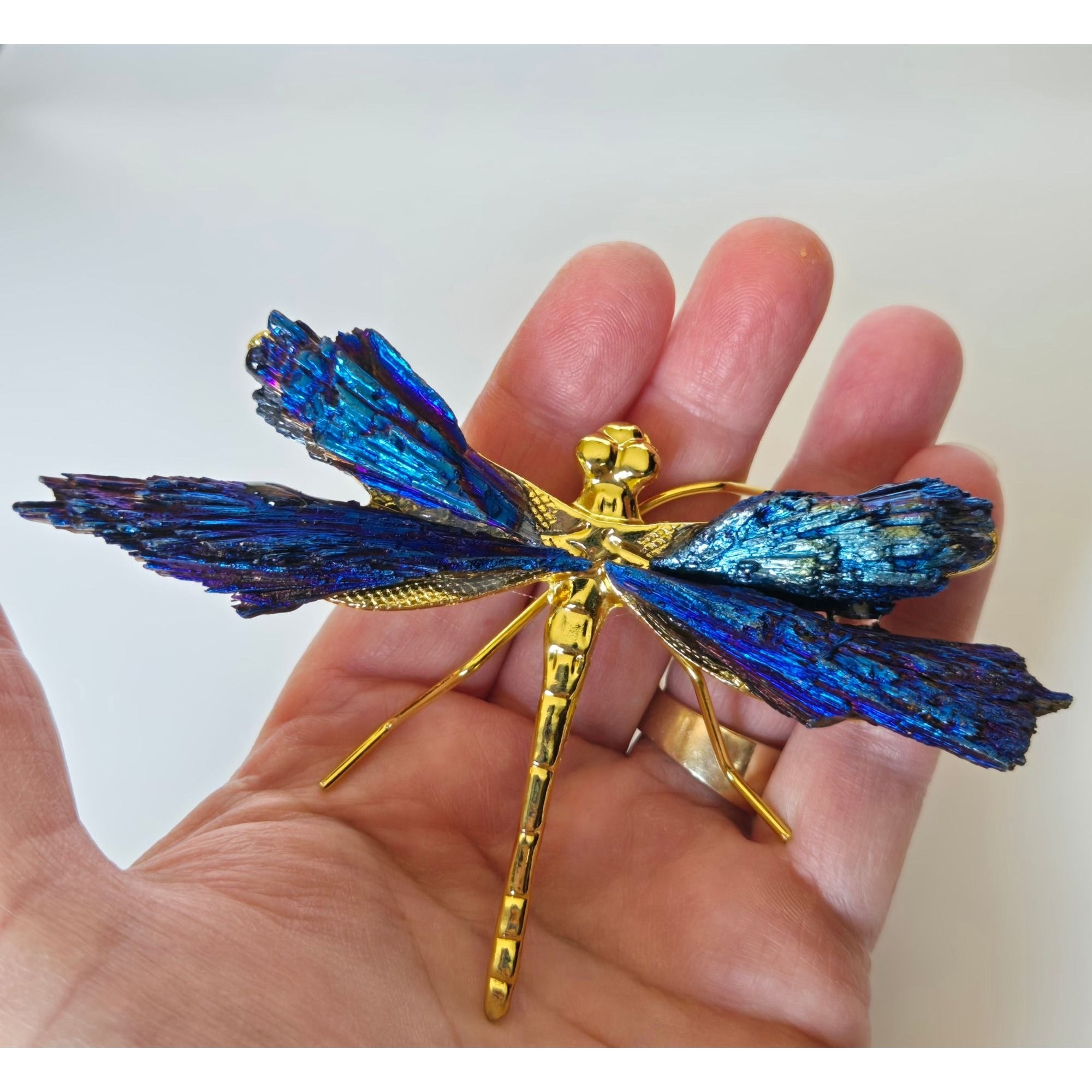 Titanium Kyanite Mineral Dragonfly. Iridescent Blue, Purple Metal and Stone.