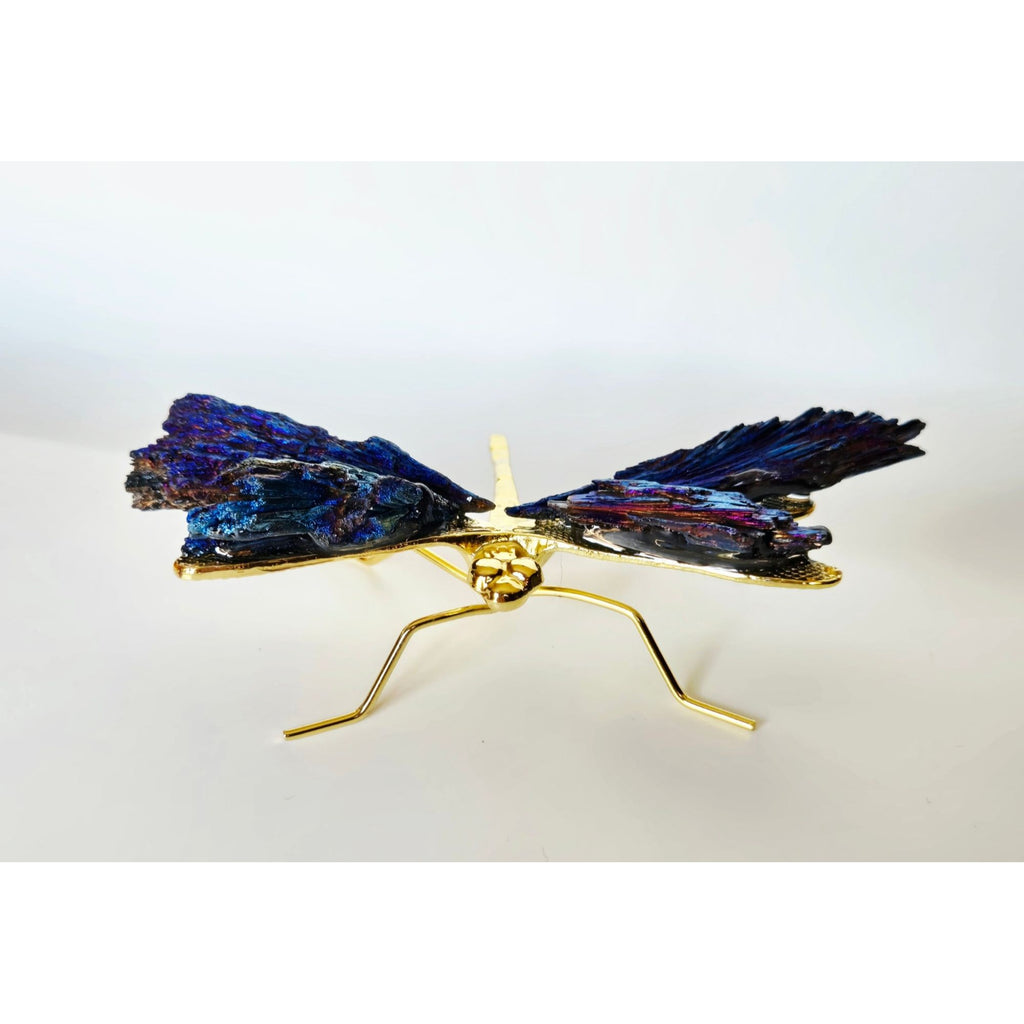 Titanium Kyanite Mineral Dragonfly. Iridescent Blue, Purple Metal and Stone.