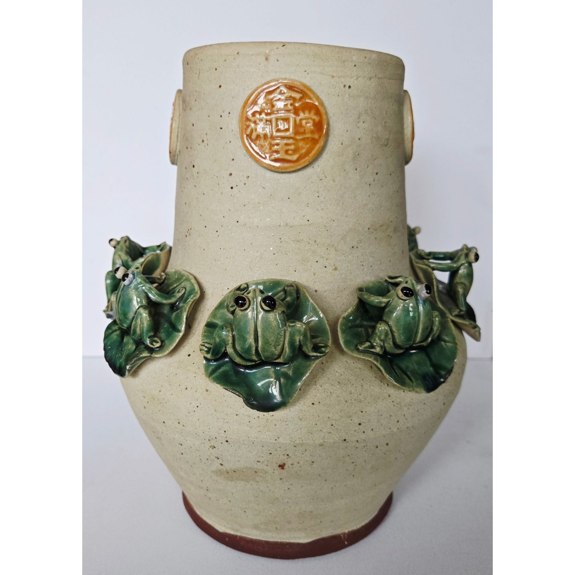 Large Majolica Pottery Frog Vase With Several Frogs & Lilypad Details