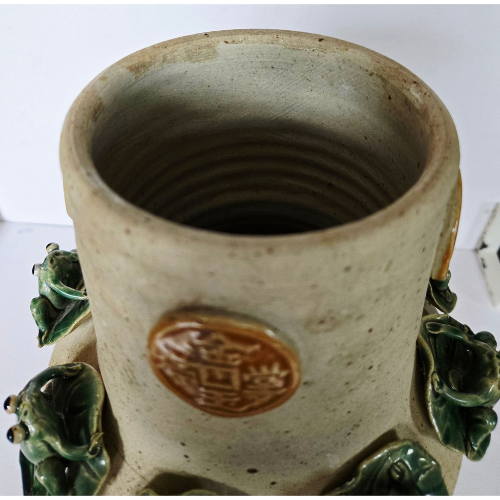 Large Majolica Pottery Frog Vase With Several Frogs & Lilypad Details