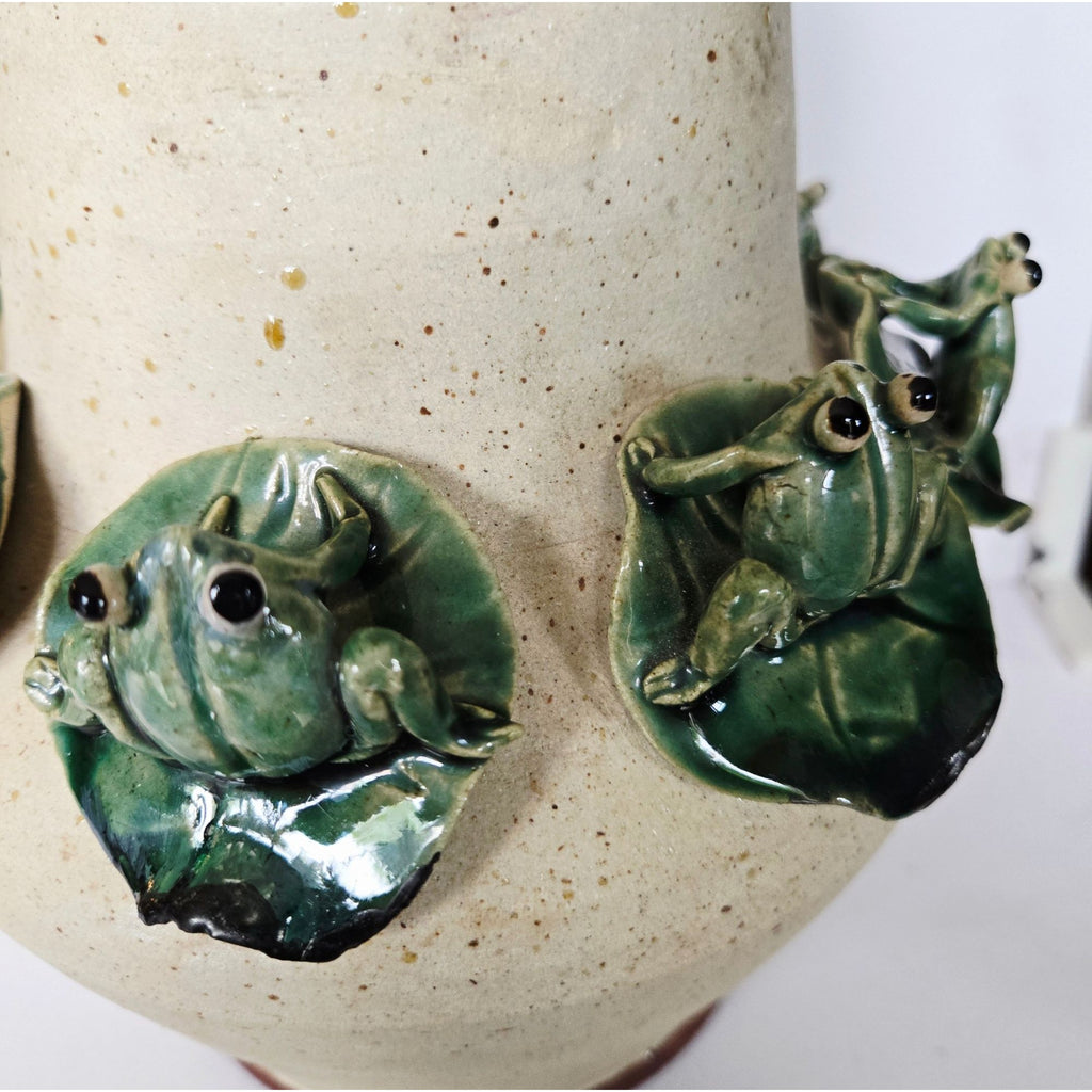 Large Majolica Pottery Frog Vase With Several Frogs & Lilypad Details