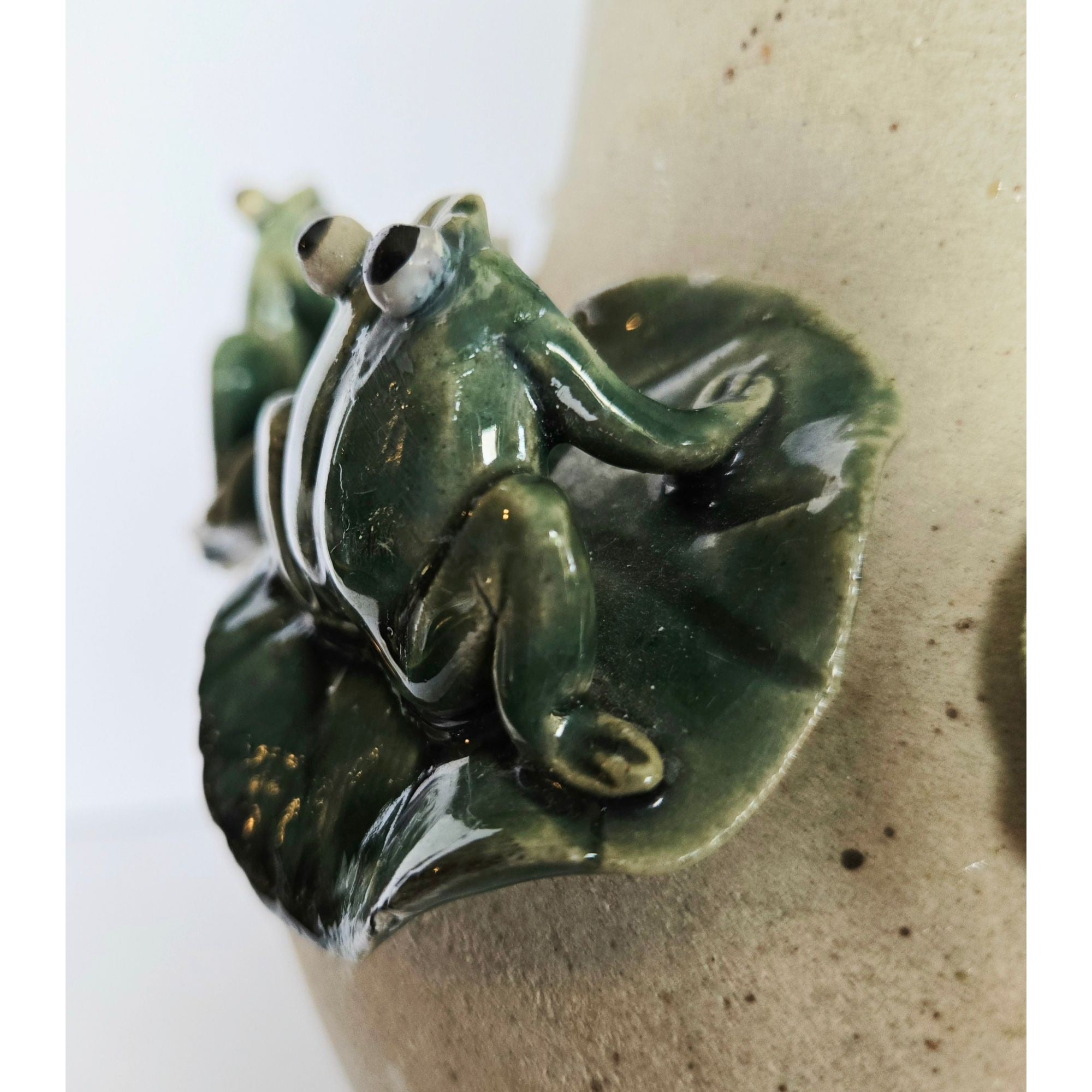 Large Majolica Pottery Frog Vase With Several Frogs & Lilypad Details