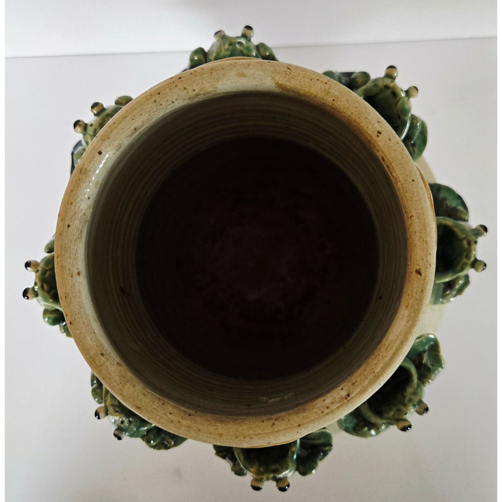 Large Majolica Pottery Frog Vase With Several Frogs & Lilypad Details