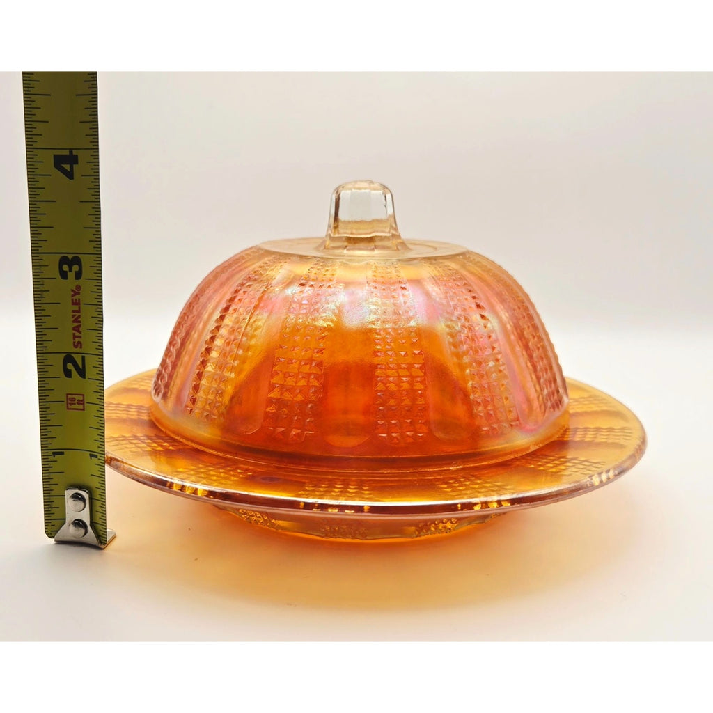 Vintage Round Dome Carnival Glass Butter Dish Marigold 7"