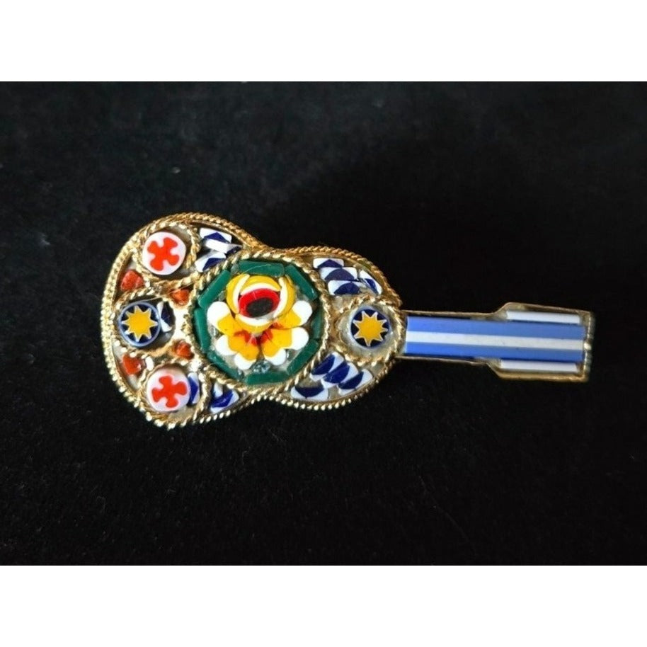 Vintage Italian Micro Mosaic Guitar Brooch Pin Gold Tone Handmade Colorful Glass Tiles 2 Inches
