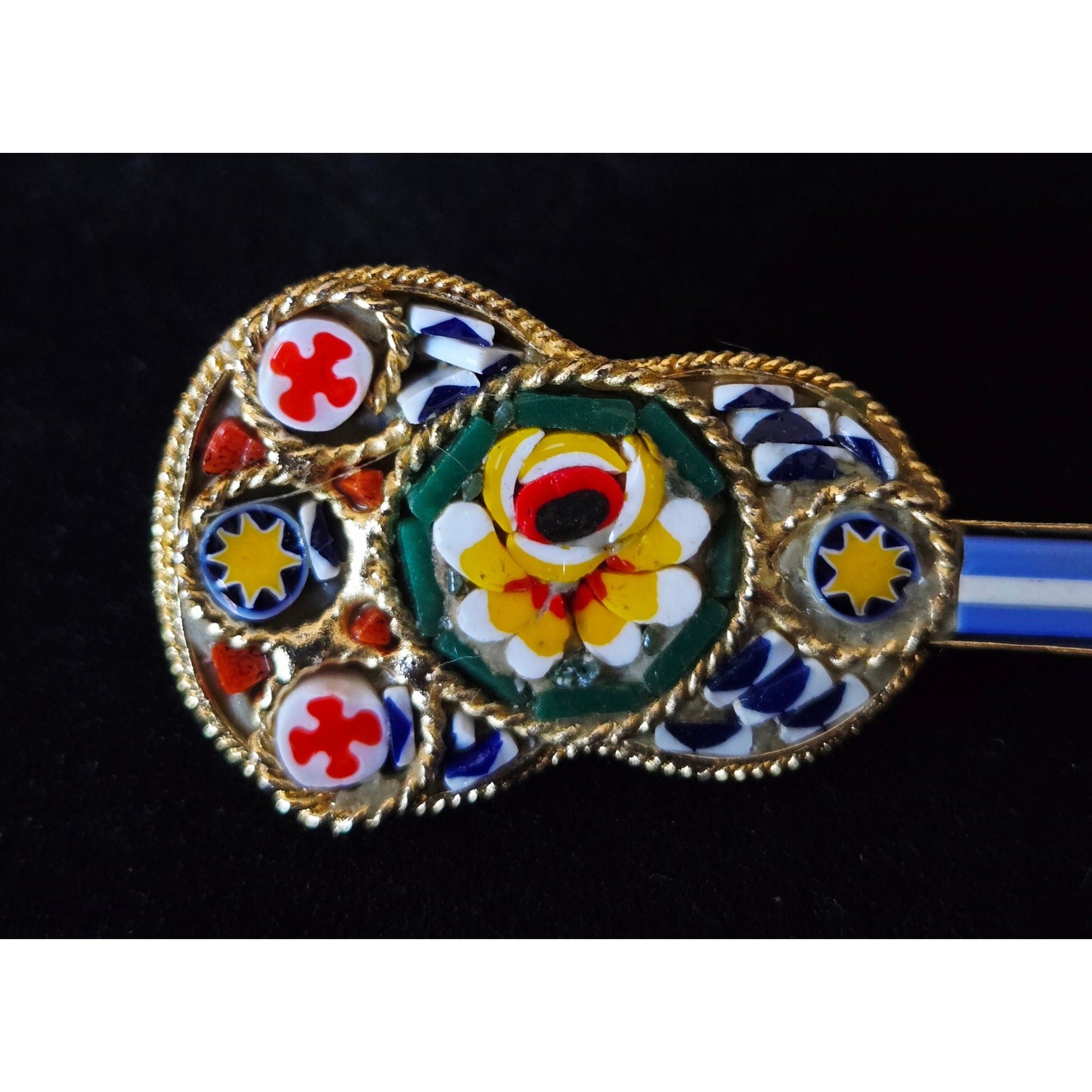 Vintage Italian Micro Mosaic Guitar Brooch Pin Gold Tone Handmade Colorful Glass Tiles 2 Inches