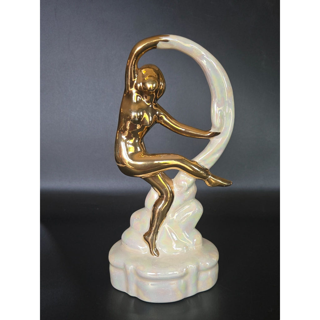 *READ* Ceramic Gold & Pearlized Dancing Woman Figurine 8" Tall Art Deco