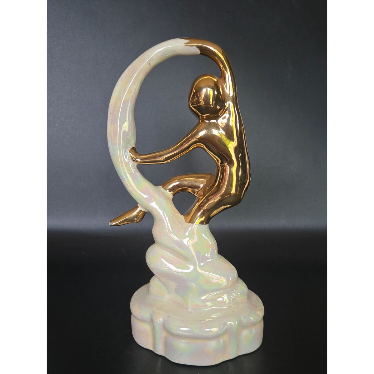 *READ* Ceramic Gold & Pearlized Dancing Woman Figurine 8" Tall Art Deco