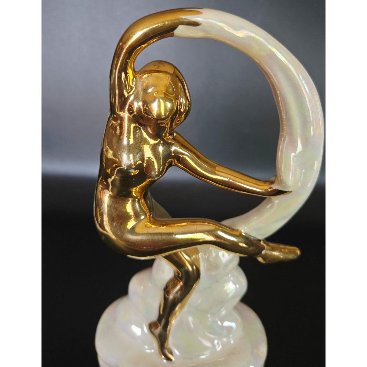 *READ* Ceramic Gold & Pearlized Dancing Woman Figurine 8" Tall Art Deco