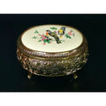 Vintage Gold Ornate Jewelry Trinket Box With Hand-Painted Bird Design & Velvet Interior