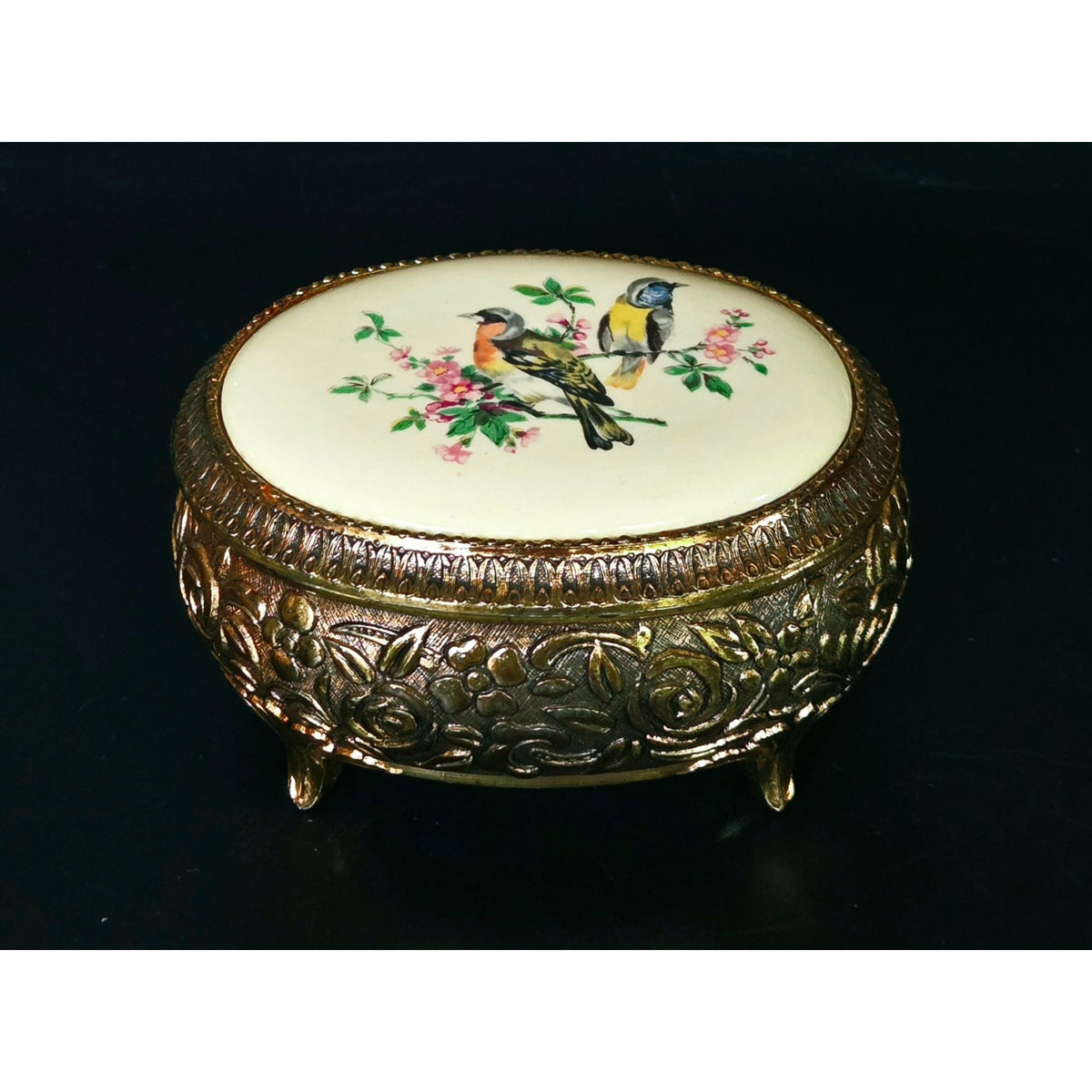 Vintage Gold Ornate Jewelry Trinket Box With Hand-Painted Bird Design & Velvet Interior