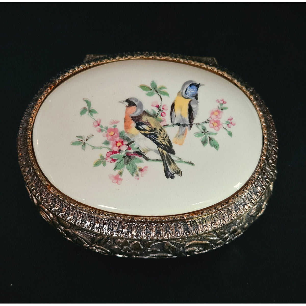 Vintage Gold Ornate Jewelry Trinket Box With Hand-Painted Bird Design & Velvet Interior