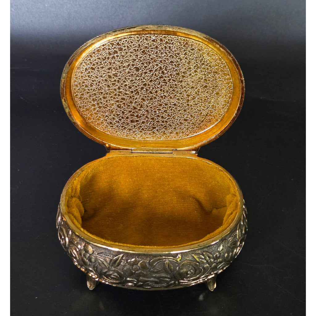 Vintage Gold Ornate Jewelry Trinket Box With Hand-Painted Bird Design & Velvet Interior