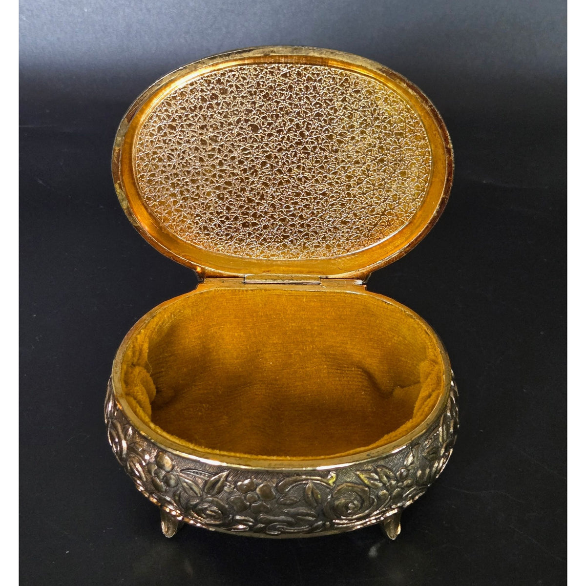 Vintage Gold Ornate Jewelry Trinket Box With Hand-Painted Bird Design & Velvet Interior