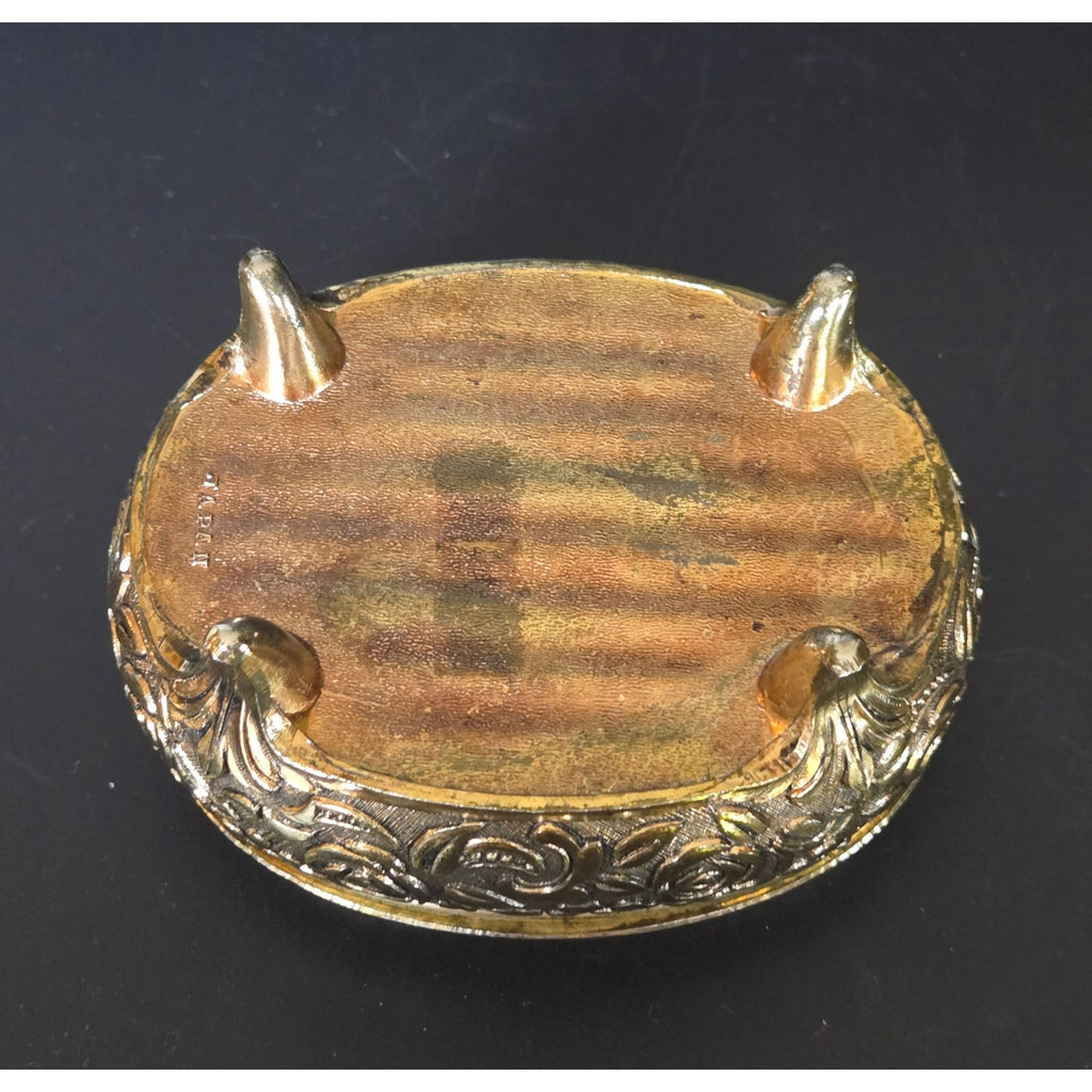 Vintage Gold Ornate Jewelry Trinket Box With Hand-Painted Bird Design & Velvet Interior