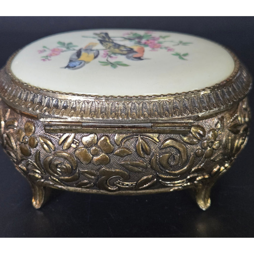 Vintage Gold Ornate Jewelry Trinket Box With Hand-Painted Bird Design & Velvet Interior