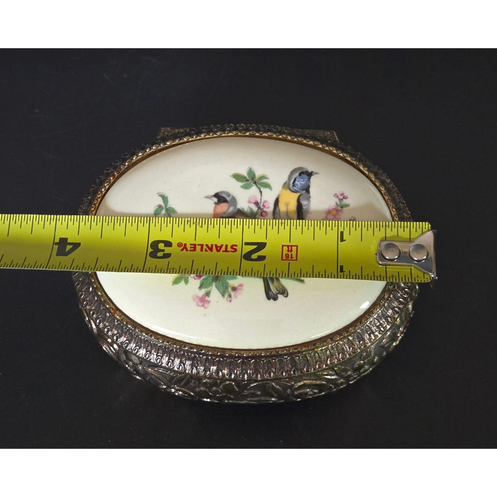 Vintage Gold Ornate Jewelry Trinket Box With Hand-Painted Bird Design & Velvet Interior