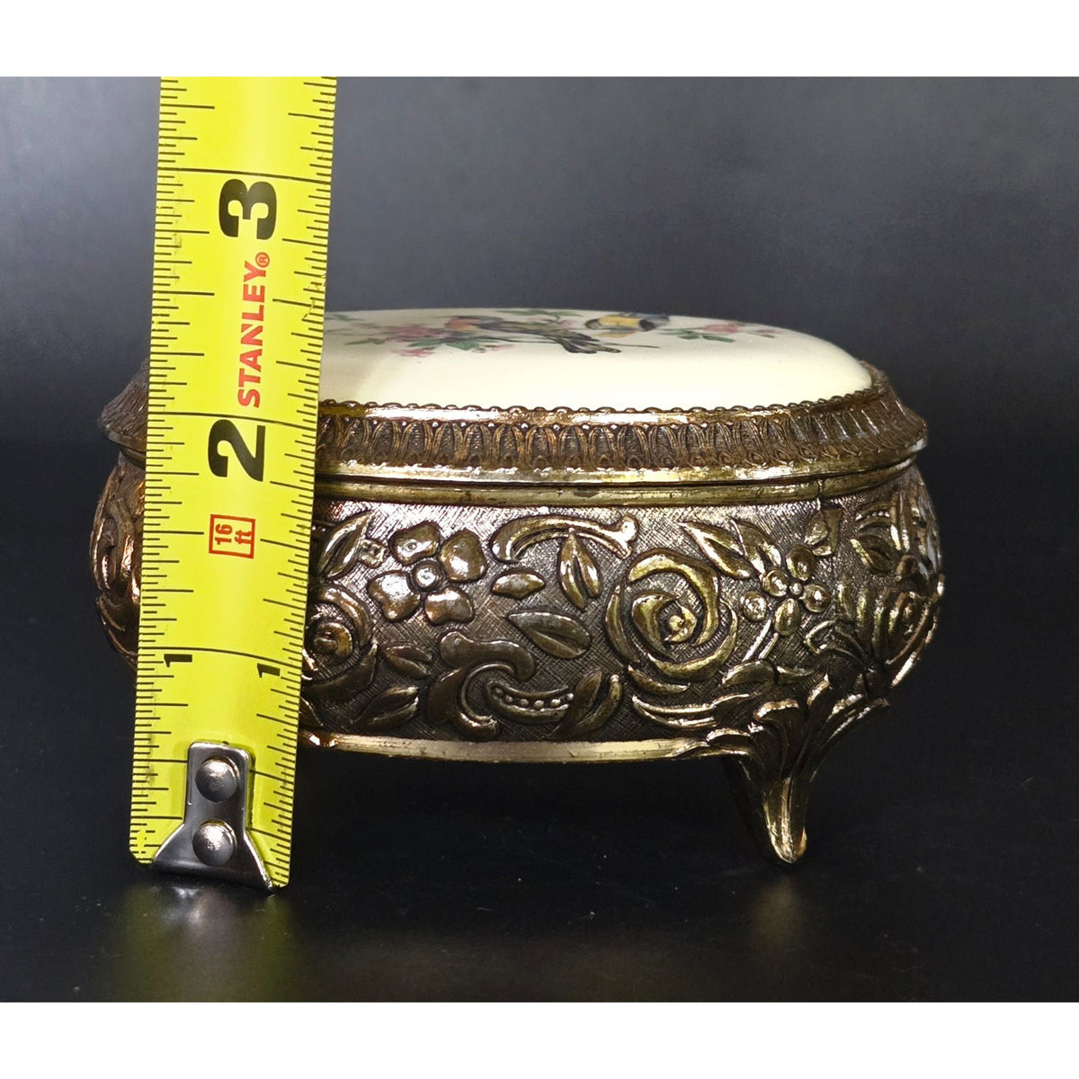 Vintage Gold Ornate Jewelry Trinket Box With Hand-Painted Bird Design & Velvet Interior