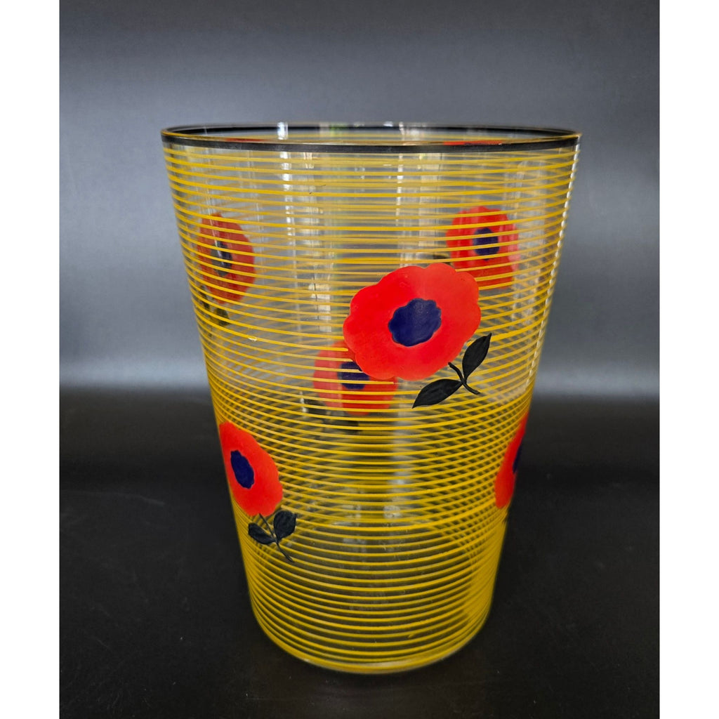 Glass Striped Vase With Vibrant Red Hand Painted Poppies Czech Bohemian