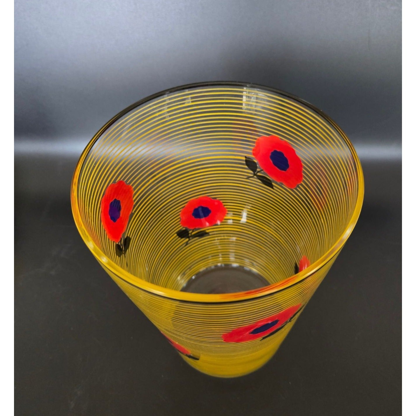 Glass Striped Vase With Vibrant Red Hand Painted Poppies Czech Bohemian