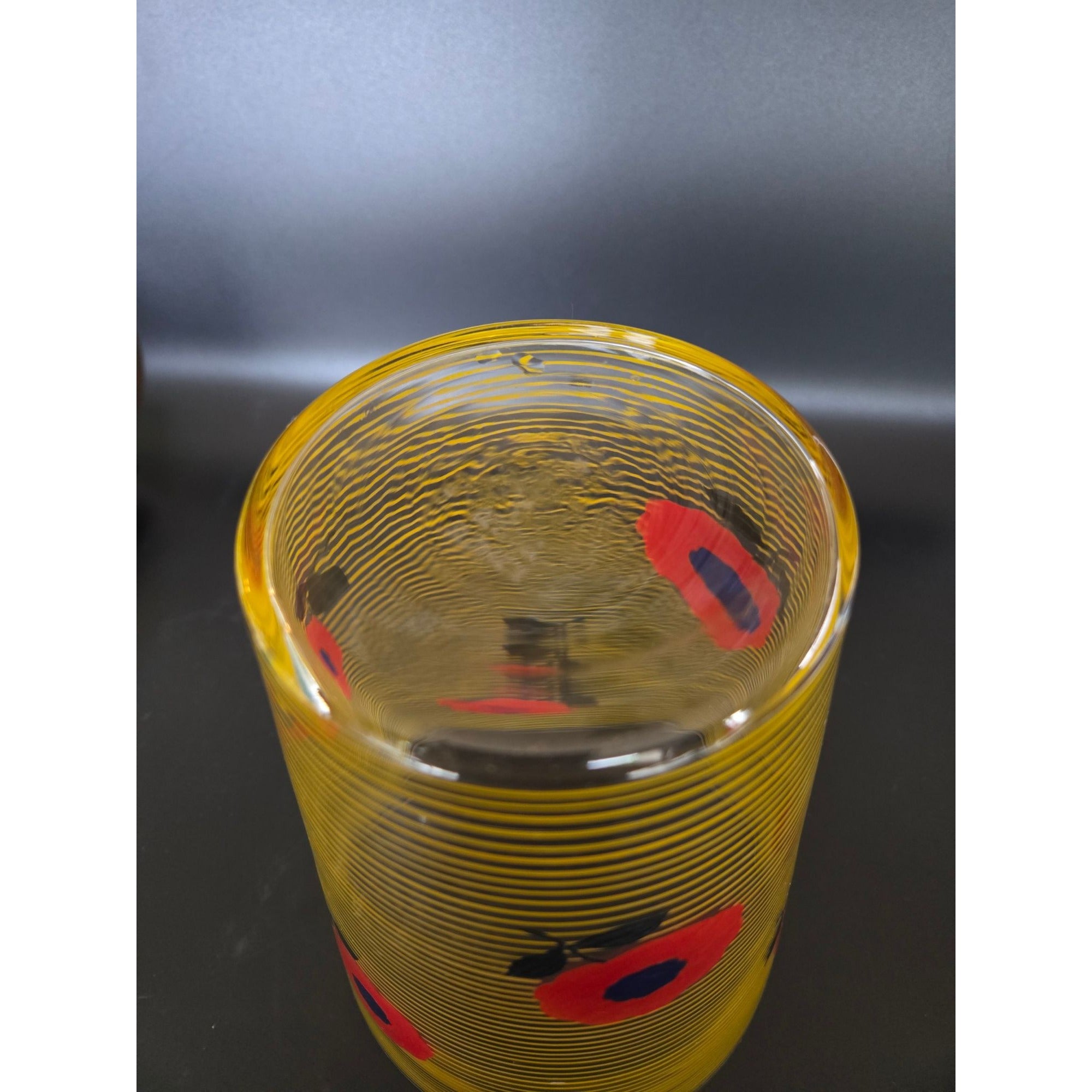 Glass Striped Vase With Vibrant Red Hand Painted Poppies Czech Bohemian