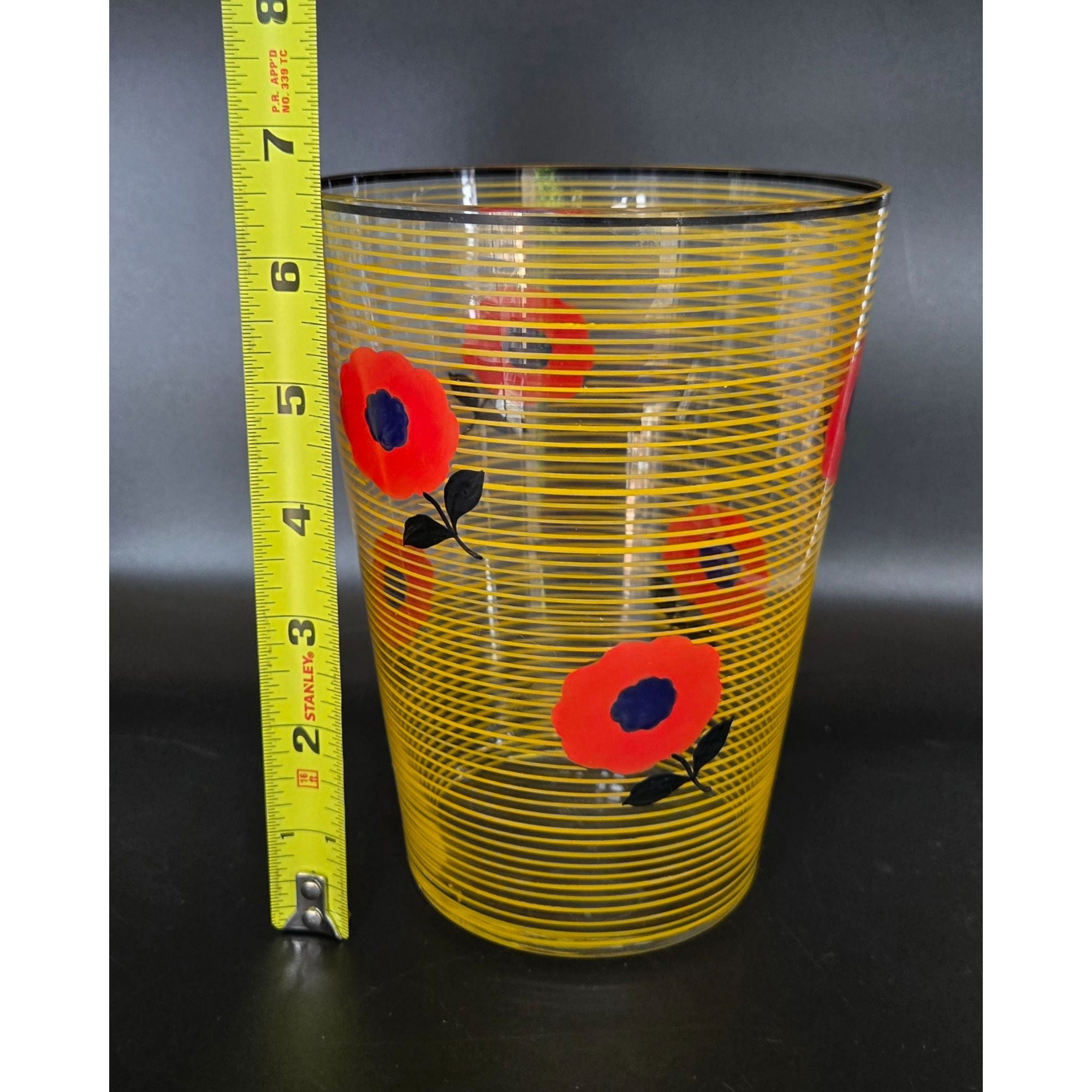 Glass Striped Vase With Vibrant Red Hand Painted Poppies Czech Bohemian