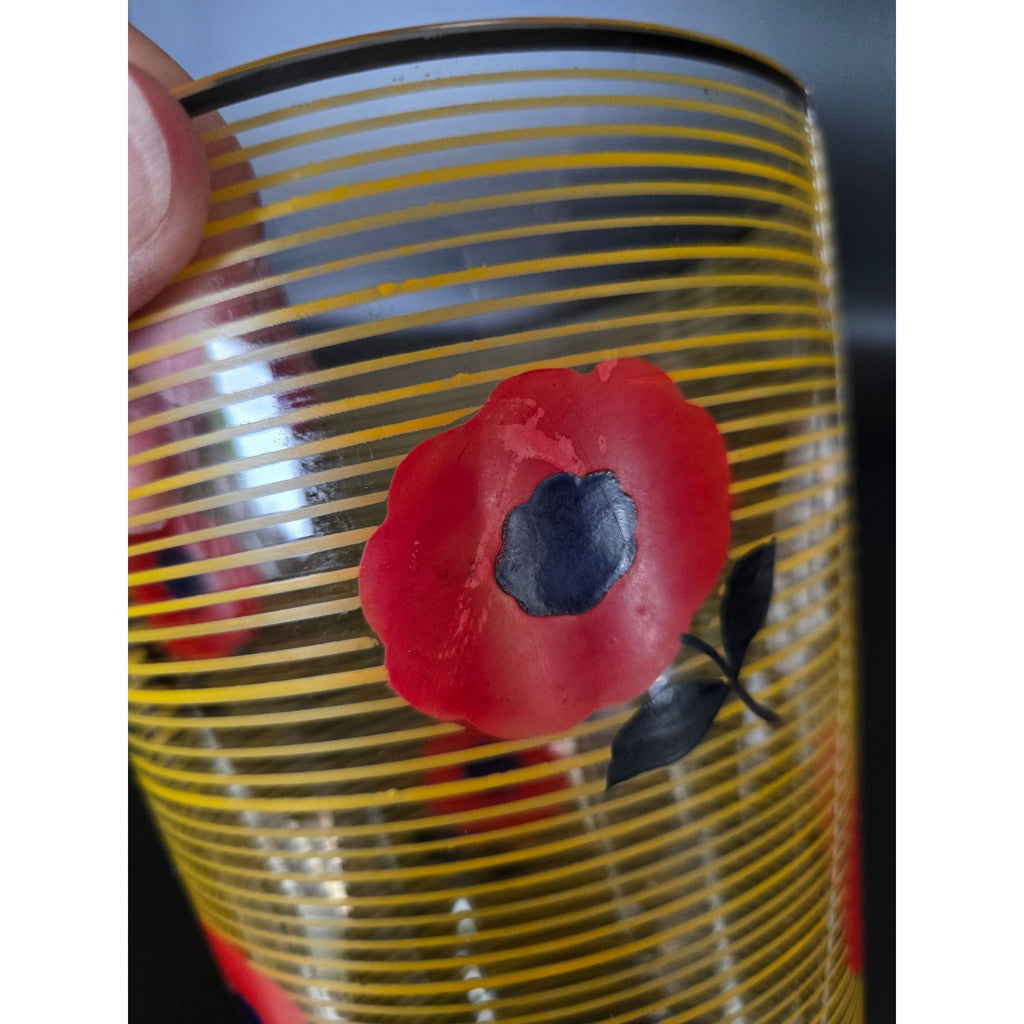 Glass Striped Vase With Vibrant Red Hand Painted Poppies Czech Bohemian